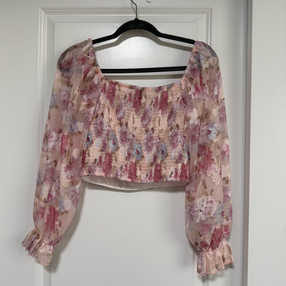 Floral Blouse Crop Top Long Sleeves Summer - Picture 2 of 7